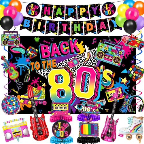 Decoraciones de fiesta de los años 80, suministros para fiesta de cumpleaños de los 80, incluye telón de fondo, pancarta, espirales colgantes,