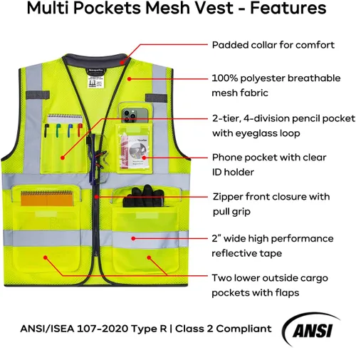 Miniatura 5 de Neopelta Chaleco de seguridad reflectante de malla amarilla, chaleco de alta visibilidad con bolsillos y cremallera, cuello acolchado, chaleco