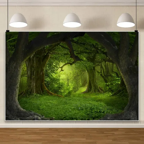 Miniatura 5 de Leowefowa Telón de fondo verde de bosque de selva de 6 x 4 pies para cumpleaños, bosque encantado, pastizales verdes, fondo de fotografía de vinilo