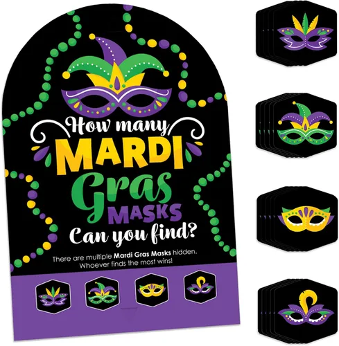 Big Dot of Happiness Máscara colorida de Mardi Gras, caza del tesoro para fiesta de máscaras, 1 soporte y 48 piezas de juego, juego de ocultar y