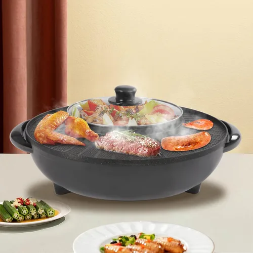 Olla caliente con parrilla 2 en 1, parrilla portátil multifuncional sin humo, combo de parrilla eléctrica para interiores, capacidad para 3-5