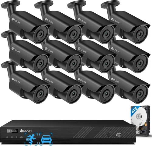 4COVR - Sistema de cámara de seguridad de 16 canales, detección de seres humanos/vehículos, visión nocturna, 16CH 4K NVR 4TB HDD, 12 unidades de 8