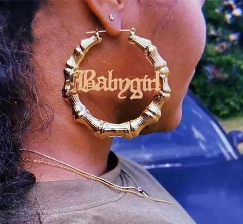 Miniatura 6 de Pendientes de aro grandes de bambú con letra inglesa antigua, estilo hip-pop, accesorio de fiesta de moda
