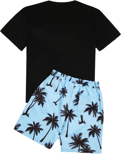 Miniatura 56 de GORGLITTER Conjunto de 2 piezas de camiseta gráfica de manga corta para hombre, estampado hawaiano con cordón y pantalones cortos