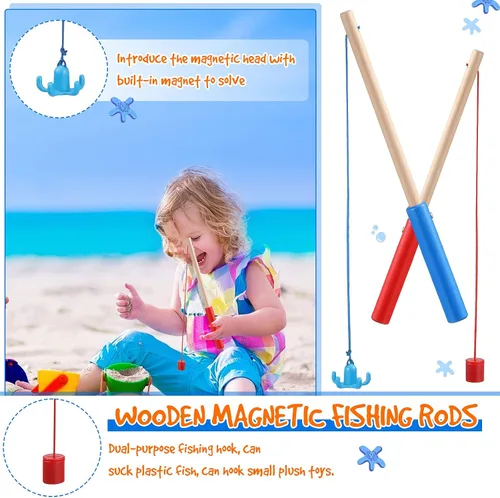Miniatura 3 de Sumind 6 cañas de pescar magnéticas de madera para niños con ganchos magnéticos, juguete de verano, playa, piscina, actividad, regalos para jardín