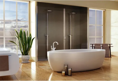YongFoto Decoración de interiores de baño de 5 x 3 pies, moderno, fondo de fotografía, bañera de lujo, plantas verdes, telón de fondo de piso de