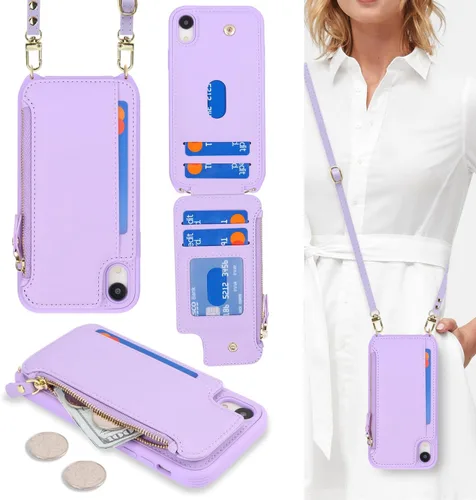 Cavor Funda tipo cartera para iPhone XR con tarjetero para mujer, funda para iPhone XR con correa, cordón cruzado y bolsillo con cremallera, funda