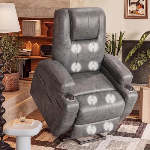 Miniatura 10 de Furmax Silla reclinable eléctrica con masaje para personas mayores, tela de pana, sillón reclinable individual con portavasos, bolsillos laterales