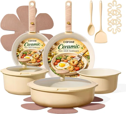 Miniatura 11 de CAROTE Juego de ollas y sartenes antiadherentes reforzadas con titanio, 18 piezas, juego de utensilios de cocina antiadherentes con mango Rojo
