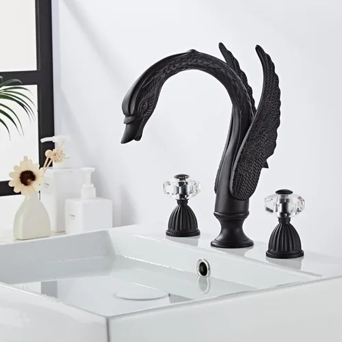 Miniatura 2 de Grifo de Lavabo Estilo Cisne Ornamentado Dorado Negro Combo para Baño con Montaje en Cubierta Conjunto de Grifo Mezclador para Lavabo Agua Caliente
