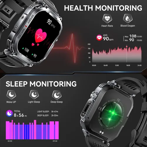 Miniatura 6 de Reloj inteligente militar para hombre, resistente al agua, 3 ATM, con linterna de llamadas/LED, pantalla grande HD de 2.02 pulgadas, reloj