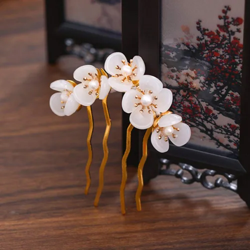 Miniatura 2 de Beaupretty 2 piezas de Jade Flower Hair Women Girls Hair Stick Chino Retro Chignon Pin palillos para el cabello, accesorios de peinado (blanco)