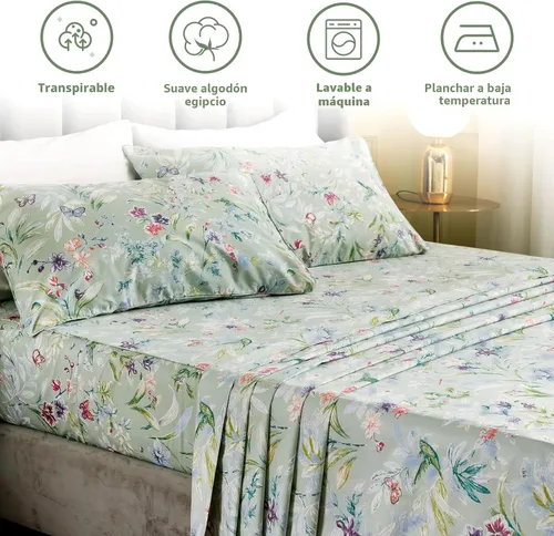 Miniatura 2 de QSH Juego de sábanas tamaño King con estampado floral - Estampado botánico de flores verdes, pájaros y mariposas, ropa de cama de algodón egipcio