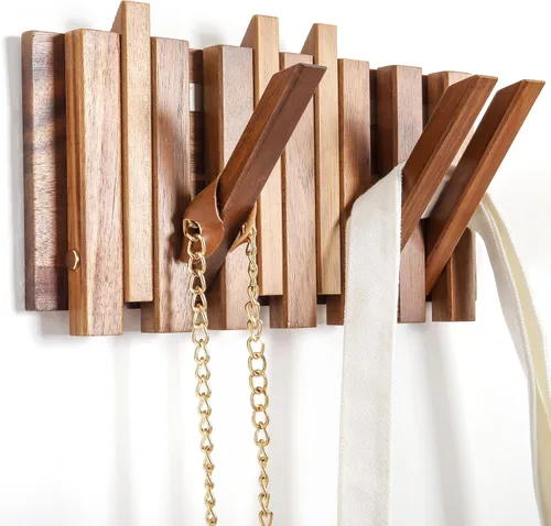 Miniatura 12 de Pequeño Perchero para Apartamento: 10.4 Pulgadas de Madera Rústica con 6 Ganchos de Pared Montable Retractable para Espacios Estrechos, Entrada
