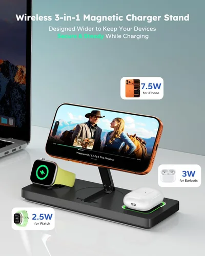 Miniatura 4 de Estación de carga plegable 3 en 1 para Magsafe, soporte magnético para teléfono y reloj para dispositivos Apple, cargador inalámbrico de escritorio