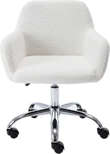Miniatura 3 de Silla de tocador de piel sintética, elegante silla de tocador blanca esponjosa para niñas y mujeres, moderna silla tapizada para oficina en casa