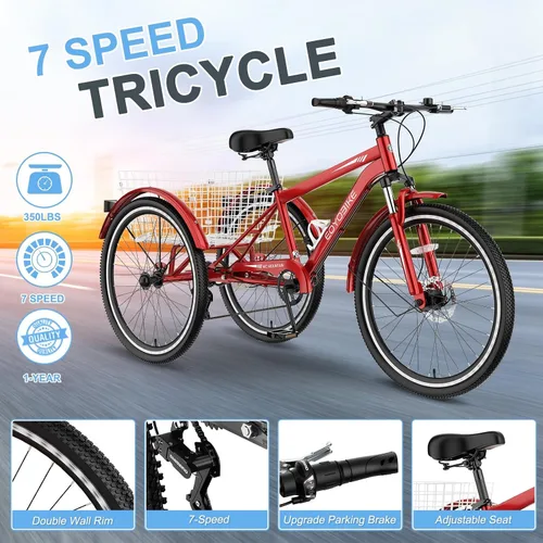 Miniatura 3 de Slsy Triciclo de montaña para adultos, bicicleta de tres ruedas de 7 velocidades, triciclos para adultos de 24/26 pulgadas para personas mayores