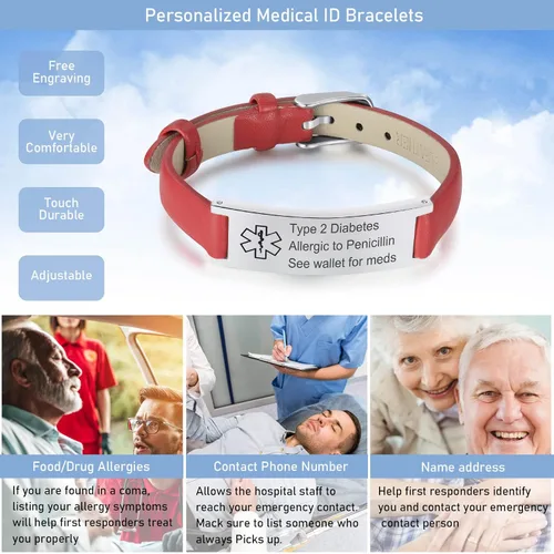 Miniatura 5 de MPRAINBOW Pulsera de alerta médica personalizada para mujer, correa de reloj de cuero genuino, grabado de doble cara, diabetes, epilepsia, joyería