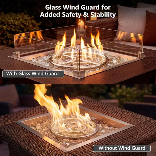 Miniatura 7 de GRISUN Inserto para hoguera de 18 x 18 pulgadas, bandeja cuadrada de quemador de gas con protector de viento de vidrio y tapa de acero inoxidable