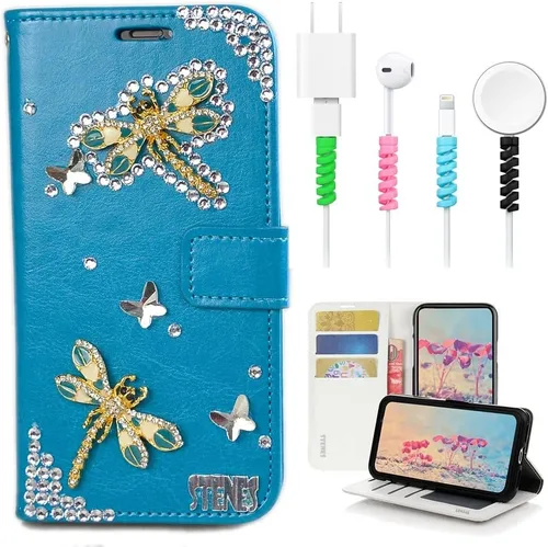 Bling - Funda tipo cartera compatible con iPod Touch de 7ª generación (2019), elegante, diseño 3D hecho a mano de libélula y mariposa, funda de Azul