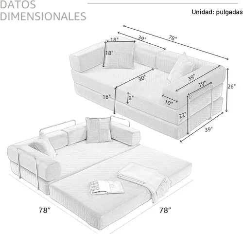 Miniatura 2 de Sofá cama plegable convertible 4 en 1, sofá de 78 pulgadas sin estructura rígida con marco de forma fija, sofá biplaza de pana con cama extraíble