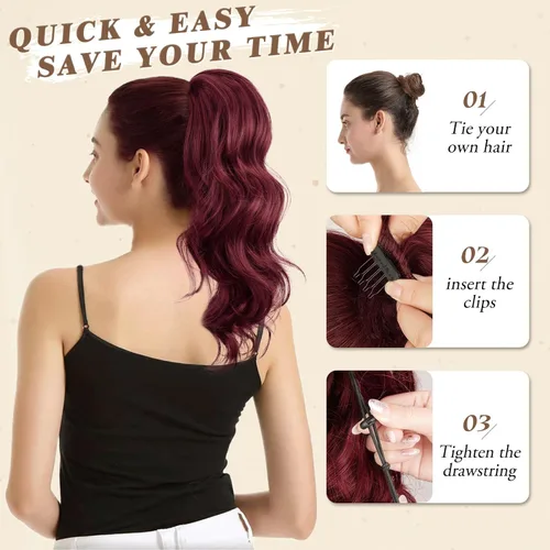 Miniatura 5 de BARSDAR Extensión de cola de caballo rojo burdeos, extensiones de cabello ondulado con cordón de 16 pulgadas para mujer, extensiones de cabello