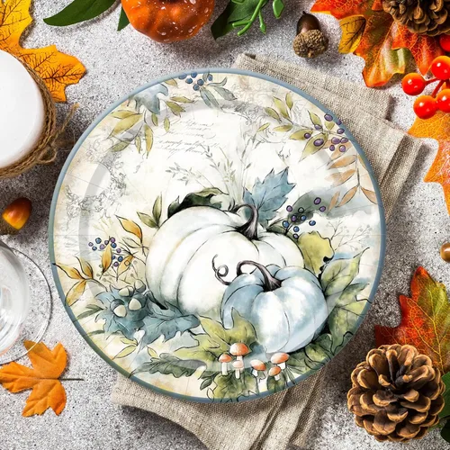Miniatura 7 de AnyDesign 40 platos de papel de otoño, platos redondos desechables de calabaza verde azulado retro de 9 pulgadas, plato de postre para otoño