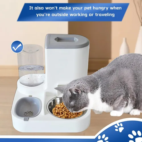 Miniatura 3 de Juego de dispensador automático de comida y agua para gatos, 2 en 1, comedero de gravedad todo en uno con tazón de comida para gatos de acero 【Gris】