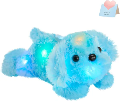 WEWILL Cachorro azul iluminado de 10 pulgadas con luz LED con luz nocturna colorida, juguete de peluche suave, regalo para niños en Navidad y