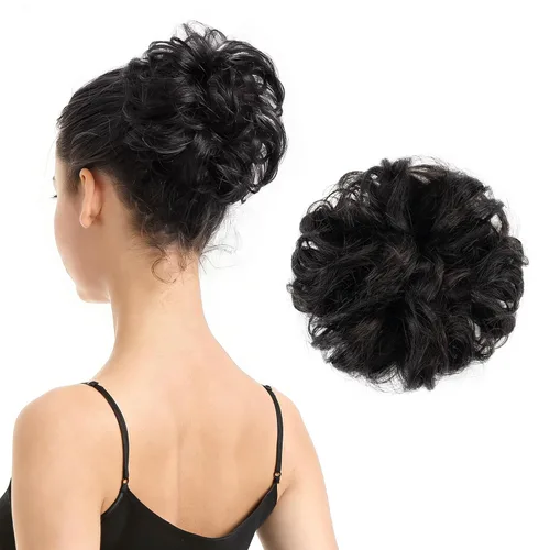 Barsdar - Moño de cabello 100 % humano, Moño desordenado, Extensiones de cola de caballo, Moño de cabello rizado, Pieza de cabello para Negro