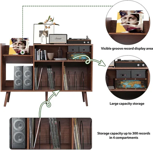 Miniatura 6 de Soporte grande para tocadiscos, mesa de almacenamiento de discos de vinilo de mediados de siglo con patas de madera y almacenamiento de discos