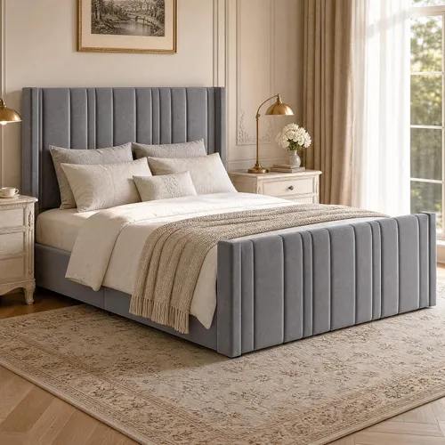 Miniatura 6 de HOMBCK Marco de cama tamaño matrimonial, plataforma tapizada en terciopelo, con cabecero y estribo de canal vertical, listones de madera, sin ruido