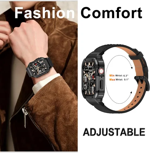 Miniatura 5 de SUPLINK Correa de cuero con funda de acero inoxidable para Apple Watch Ultra 3/2/1 y SE 3/2/1 y Series 11 10 9 8 7 6 5 4 3 2 1 1.929 in 1.811 in