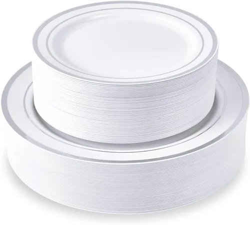 JollyPack 100 piezas de platos desechables de plástico plateado para fiestas, incluyendo 50 platos llanos de 10 pulgadas y 50 de 7 pulgadas para