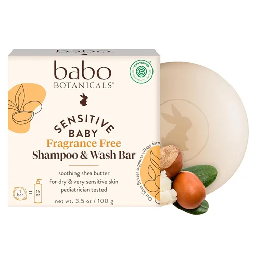 Babo Botanicals Sensitive Baby - Champú y barra de lavado 2 en 1 sin fragancia - Manteca de karité, caléndula y aloe vera - Verificado por EWG - Sin