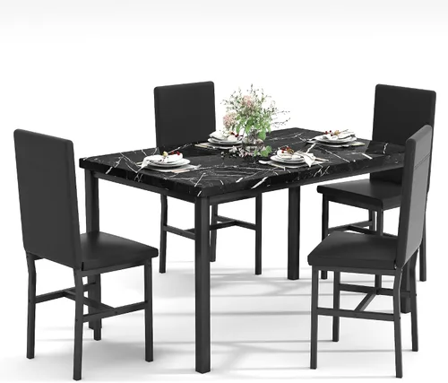 Recaceik Juego de mesa de comedor para 4, mesa de cocina y sillas con mesa de mármol sintético y 4 sillas tapizadas de cuero para cocina, comedor,