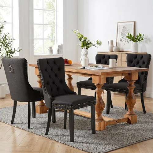 Miniatura 92 de SoarFlash Juego de 2 sillas de comedor de tela de lino, sillas de comedor tapizadas con ribete de cabeza de clavo y patas de madera de color claro
