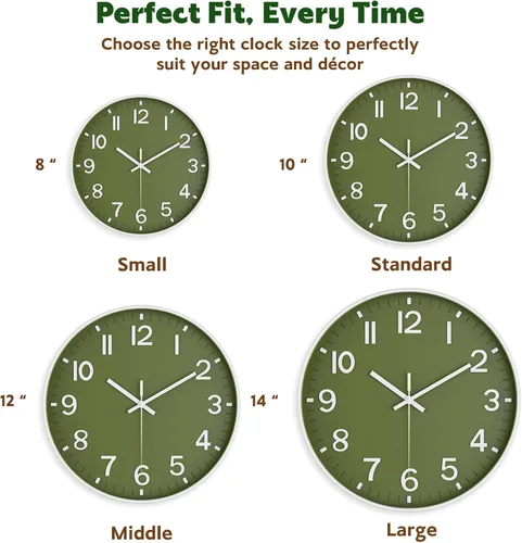 Miniatura 7 de Reloj de pared silencioso sin tictac, funciona con pilas, moderno reloj de pared analógico verde oliva para sala de estar, cocina, oficina