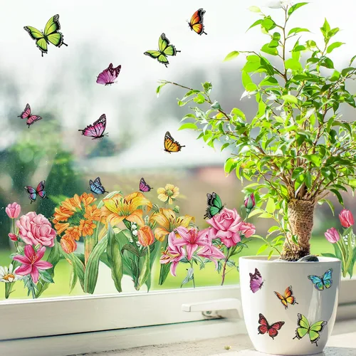 Miniatura 3 de Whaline 9 hojas de primavera de mariposa para ventana, decoración de ventanas de flora de mariposa colorida de verano, calcomanías reutilizables