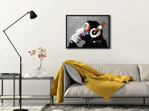 Miniatura 2 de Wieco Art Marco Negro Mono con Auriculares Banksy Arte de Graffiti Abstracto Pinturas en Lienzo Impresiones Arte de Pared en Lienzo de Animales