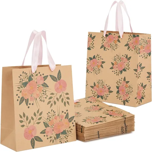 Juvale Bolsas de regalo florales – Parte inferior reforzada y asas de cinta – Bolsas de recuerdo de fiesta – 8 x 4 x 9 pulgadas, paquete de 24,
