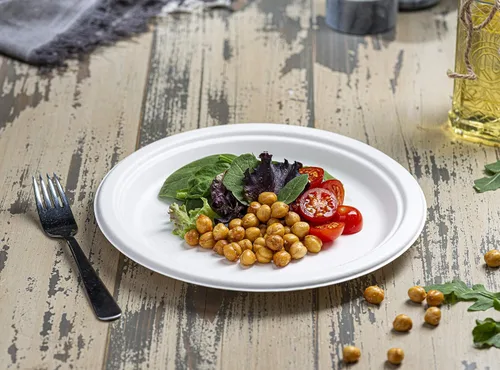 Miniatura 3 de Plato llano redondo desechable de bagazo blanco de 9 pulgadas, 100% fibras de caña de azúcar naturales compostables, resistente, a prueba de fugas