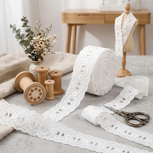 IDONGCAI Borde de encaje de algodón blanco de 1.35 pulgadas, 7 yardas, cinta festoneada bordada vintage para coser, bordes de ropa y manualidades de