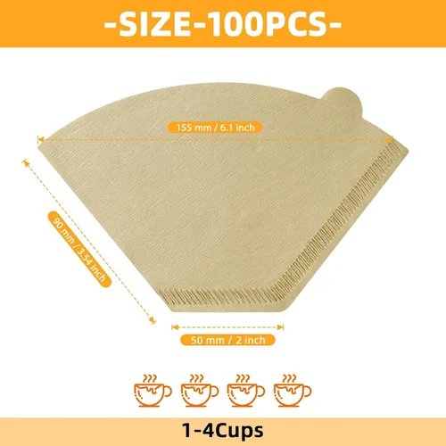 Miniatura 2 de KUFUNG Paquete de 100 filtros de café en cono, filtros de café desechables de 1 a 4 tazas, filtros de café de papel natural tipo U para verter