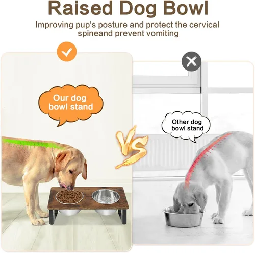 Miniatura 4 de Cuencos elevados para perros pequeños y medianos de madera con 2 cuencos profundos de acero inoxidable para alimentos y agua, antivómitos, platos