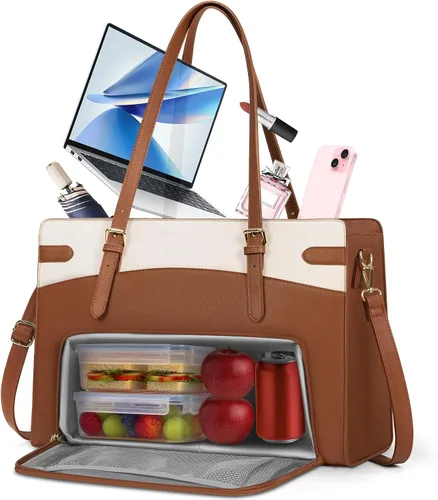 Miniatura 8 de RAINSMORE Bolsa para portátil 2 en 1 con compartimento de almuerzo aislado para mujeres, bolsa de trabajo de piel sintética de 15.6 pulgadas