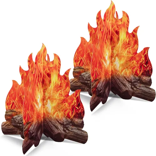 Novelty Place Juego de 2 piezas de decoración de cartón de fuego falso de 12 x 10.5 pulgadas, centros de mesa de fuego 3D, accesorios realistas para