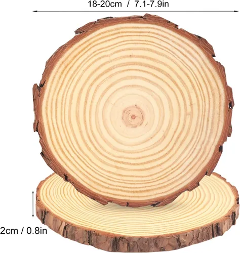 Miniatura 2 de 8 piezas de rodajas de madera natural de 7-8 pulgadas, círculos de madera de pino sin acabar con corteza para posavasos, manualidades de bricolaje