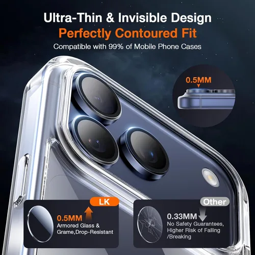 Miniatura 7 de LK Protector de lente de cámara para iPhone 17 Pro/17 Pro Max [Top 9H+ Grado Militar A Prueba de Roturas] Instalación de Un Clic, Ultra-Resistente