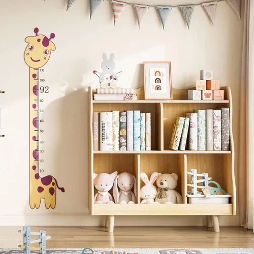 Miniatura 6 de Estantería para niños y organizador de juguetes Treocho, estantería de madera para niños de 3 niveles con diseño curvo, 5 compartimentos